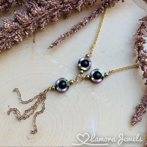 Hematite and Onyx Gemstone Tassel Gold Necklace